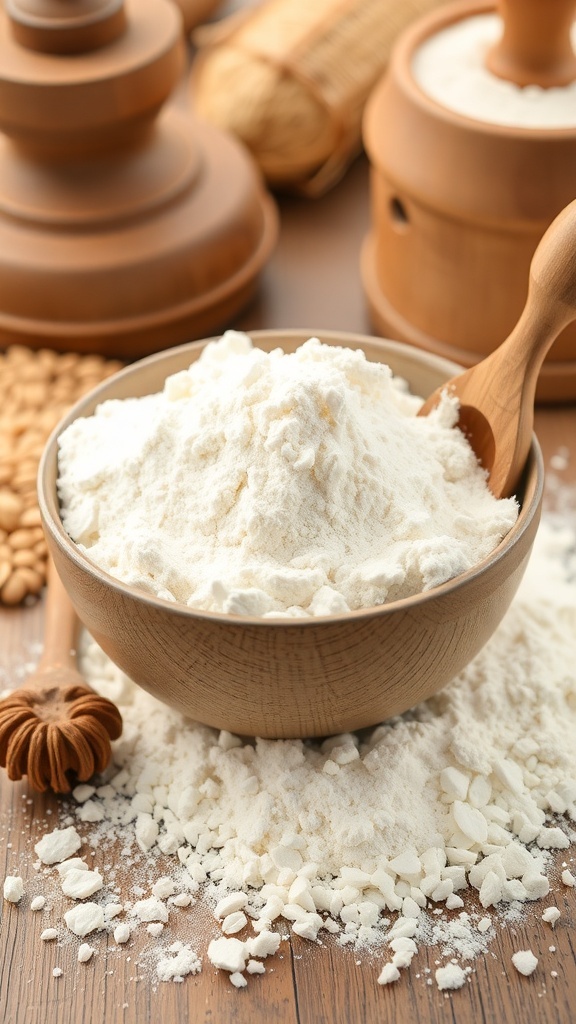 A bowl of homemade all-purpose flour with a wooden scoop, surrounded by whole grains and a grain mill.